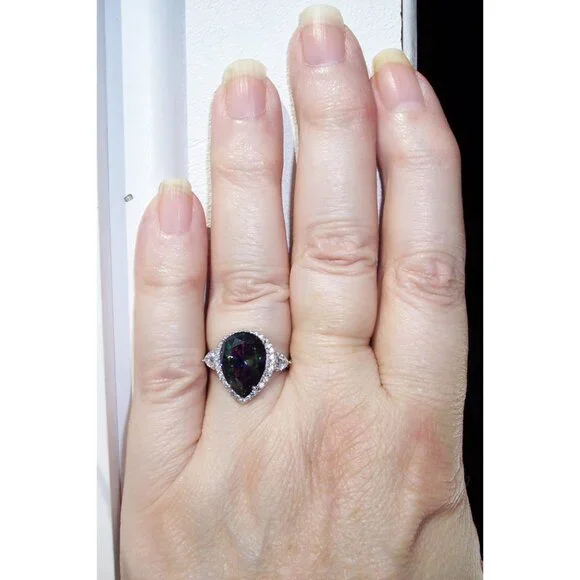 925 Sterling Silver Simulated Mystic Rainbow Topaz CZ Pear Cut Halo Ring - Picture 3 of 16
